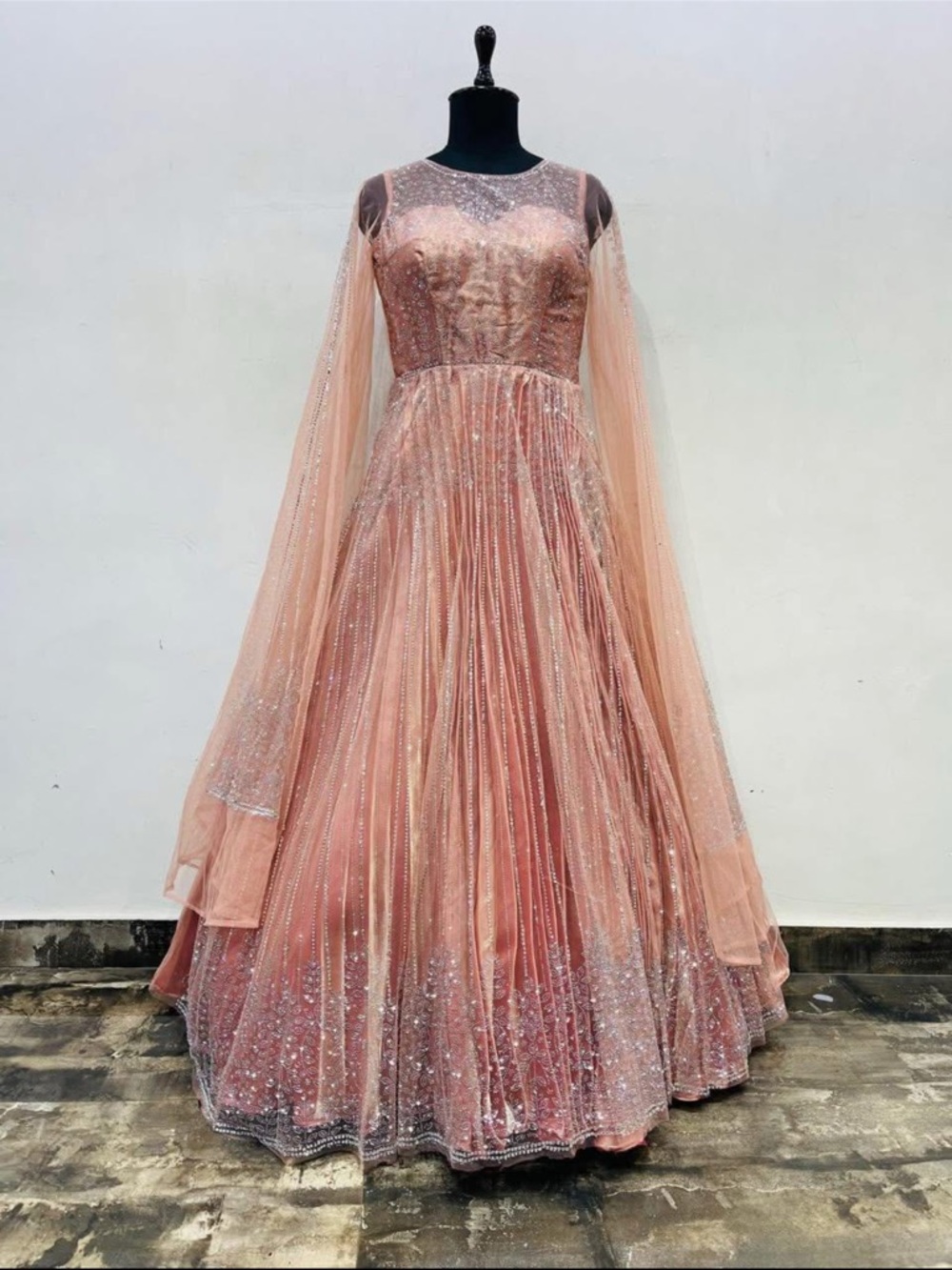 Elegant peach color Sequin Mesh Evening gown